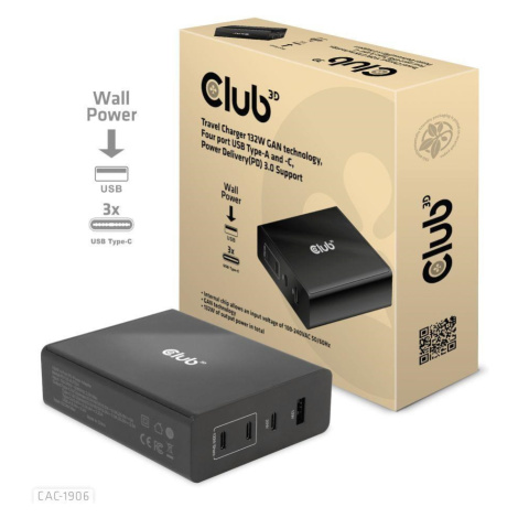 Club3D cestovná nabíjačka 132W GAN technológia, 4xUSB-A a USB-C, PD 3.0 Support