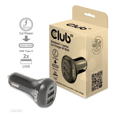 Club3D Auto nabíjačka pre Notebooky 36W, 3 porty (2xUSB-A + USB-C)