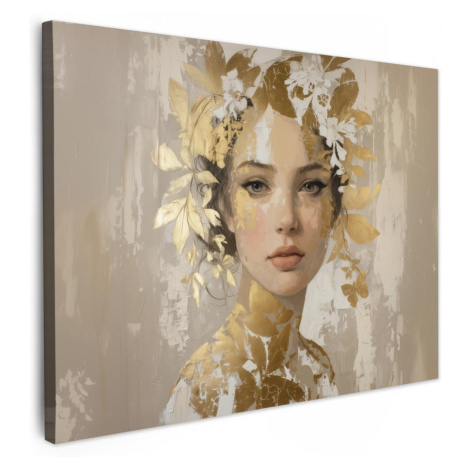 MuchoWow OBRAZ NA PLÁTNE Tvár - žena - listy - zlato 40x30 cm