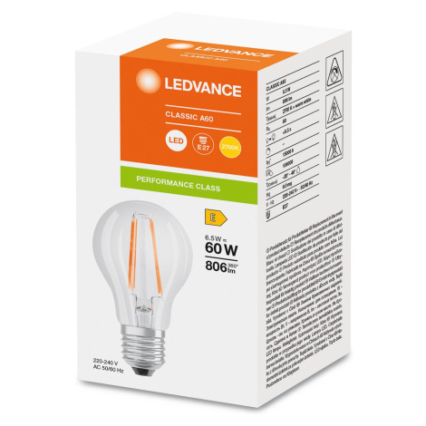 LED žiarovka filament E27 6,5W 827, priehľadná OSRAM