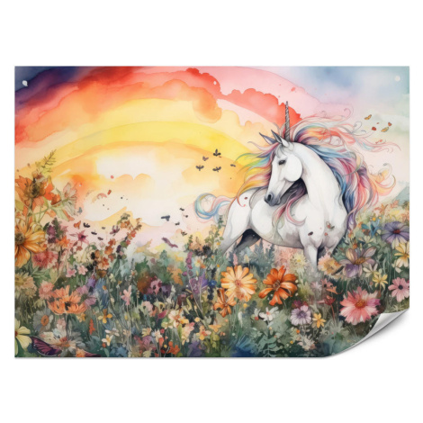 Muralo FOTOTAPETA Pre Detskú Izbu Jednorožec Kvety Lúka Dúha Magická Ružová 500 x 350 cm