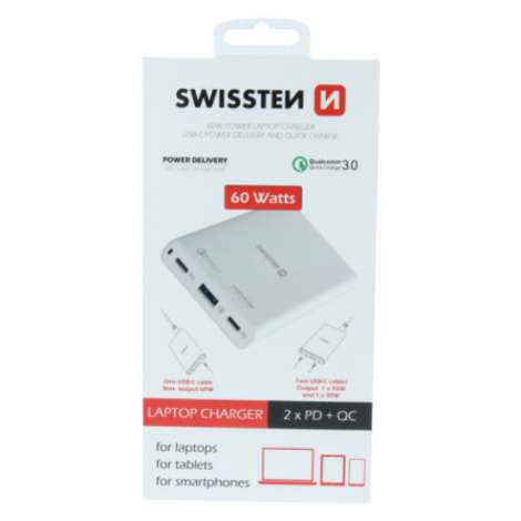 Sieťový adaptér Swissten 60W 2 x USB-C PD 3.0, 1x USB Q.C.4 biely