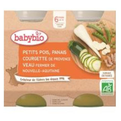 BABYBIO Menu hrášok a paštrnák s cuketou a teľacím mäsom (2x 200 g)