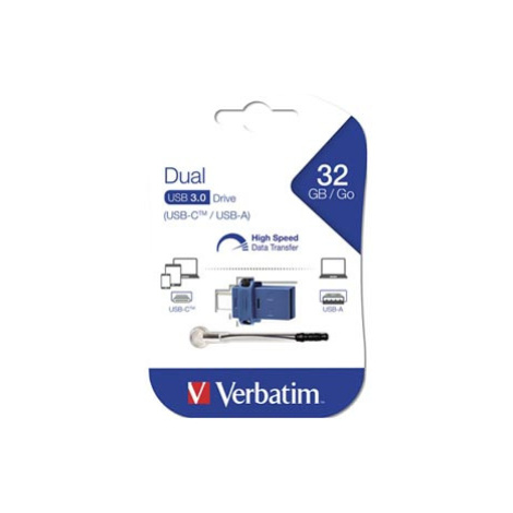 Verbatim USB flash disk OTG, USB 3.0, 32GB, Dual, modrý, 49966, USB A / USB C, s poutkem