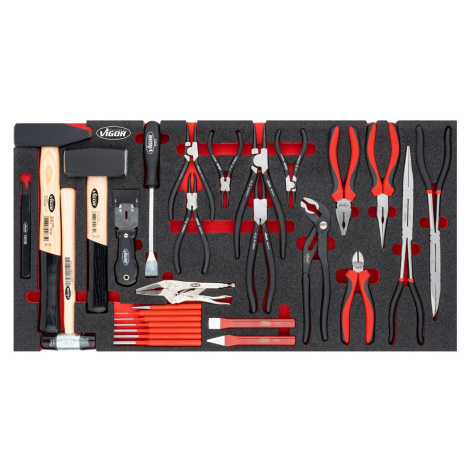 Sada klieští, kladív a dlát v penovej výplni, 29 ks, VIGOR - V5638N