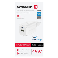 SWISSTEN GaN Travel Charger 1xUSB-C 45W PD + 1xUSB-A 18W QC biela