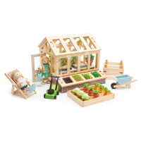 Drevený skleník Greenhouse and Garden Set Tender Leaf Toys s otváracou strechou a 9 druhov zelen