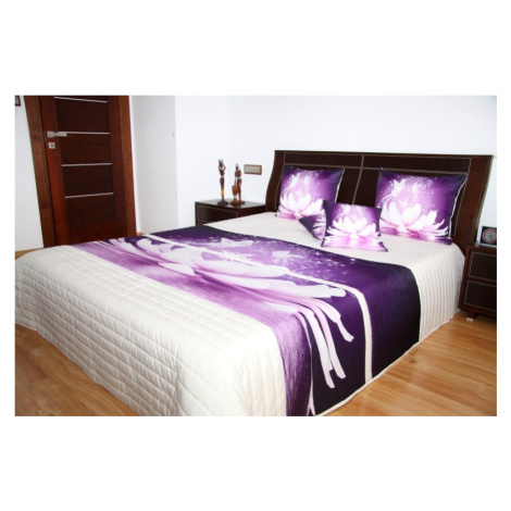 domtextilu.sk Prehoz na posteľ krémovej farby s motívom fialového kvetu Šírka: 220 cm | Dĺžka: 2