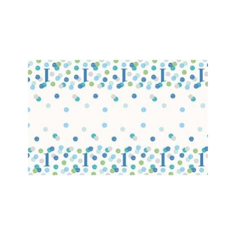 Obrus 1. Narodeniny modrý s bodkami – chlapec – 137 × 213 cm – happy birthday PartyDeco