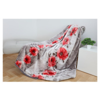 Sivá teplá deka s potlačou červených kvetov