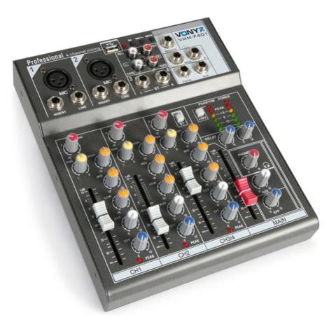 Vonyx VMM-F401 4-kanálový hudobný mixážny pult, USB prehrávač, AUX-IN, +48V fantómové napájanie