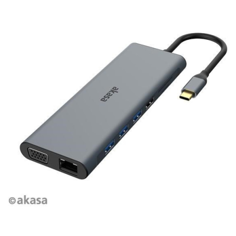 AKASA Dokovacia stanica USB-C 14v1, USB-C (power+dáta), USB 2.0, 2xHDMI, VGA, RJ45, USB 3.2, čít
