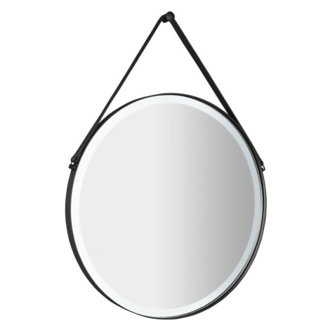 SAPHO - ORBITER guľaté zrkadlo s LED osvetlením, kožený popruh, ø 60cm, čierna mat ORL060