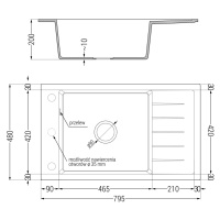 Mexen Elias, 1-komorový granitový drez 795x480x200 mm a drezová batéria Savita, biela, 6511-20-6