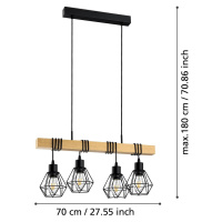 Závesné svietidlo Townshend, dĺžka 70 cm, čierna/dub, 4 svetlá.