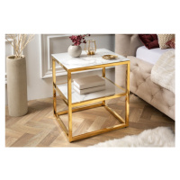 Estila Moderný nočný stolík Gold Marbleux z bezpečnostného skla s bielym mramorovým vzhľadom s k