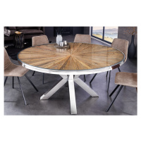 Estila Luxusný industriálny okrúhly jedálenský stôl Barracuda z teakového hnedého dreva s chromo