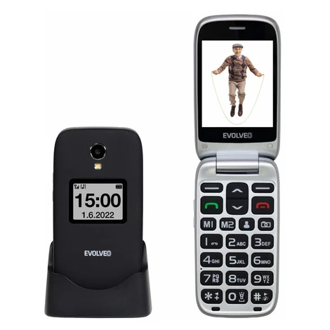 EVOLVEO EasyPhone FS, vyklápací mobilný telefón 2.8" pre seniorov s nabíjacím stojanom (čierna f