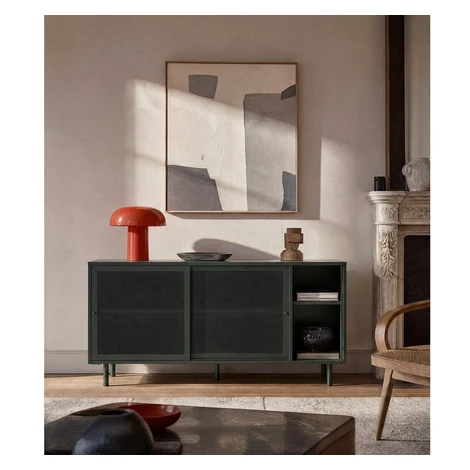 Tmavozelená kovová nízka komoda s posuvnými dverami 160x75 cm Veep – Unique Furniture