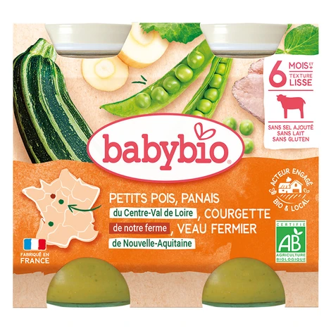 BABYBIO hrášok, paštrnák, cuketa s teľacím mäsom 2 x 200 g