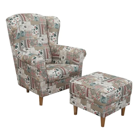 Kreslo ušiak s taburetom, látka patchwork Viorica 1, ASTRID Tempo Kondela