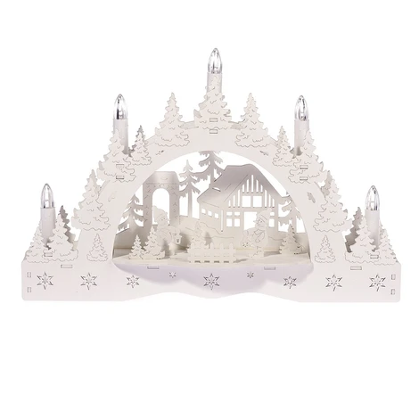 Vianočný LED svietnik Zimná krajina, chalúpka a snehuliak, 35 x 23 x 7,5 cm