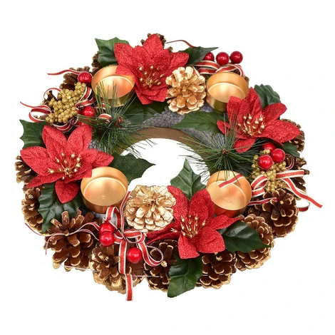 Adventný šiškový veniec POINSETTIA s mašľou 30 cm
