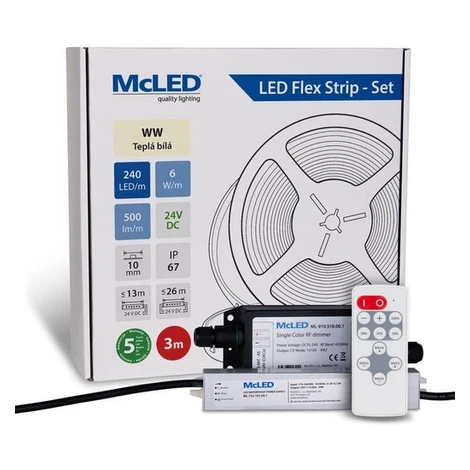 McLED LED páska - sada 3 m + Prijímač Nano IP67, 240 LED/m, WW, 6 W/m, DC 24V, 500 lm/m, CRI90, 