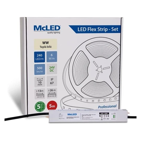 McLED LED páska - sada 5 m, 240 LED/m, WW, 6 W/m, DC 24V, 500 lm/m, CRI90, IP67, 10 mm, vodič 3 
