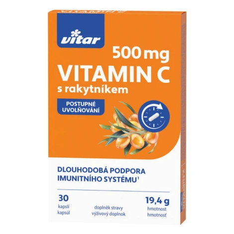 VITAR Vitamín C 500 mg s rakytníkom  s postupným uvoľňovaním 30 kapsúl Vitar Veteriane