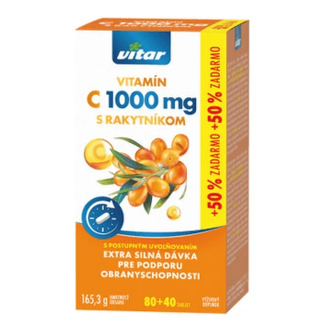 VITAR Vitamín C 1000 mg Ss rakytníkom s postupným uvoľňovaním 80+40 ks 50% ZADARMO Vitar Veteriane