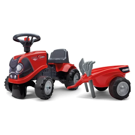 Falk Odstrkovadlo traktor Baby Case IH červený s vlečkou, lopatkou a hrabličkami