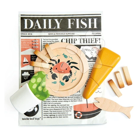 Tradičná anglická večera rybárov Fish and Chips supper Tender Leaf Toys v novinovom papieri (dre