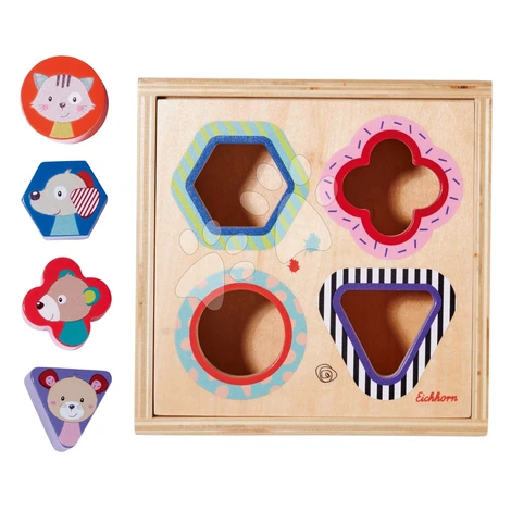 Drevená vkladačka Shape Sorter Box Friends Eichhorn so 4 kockami s motívom zvieratiek od 12 mes