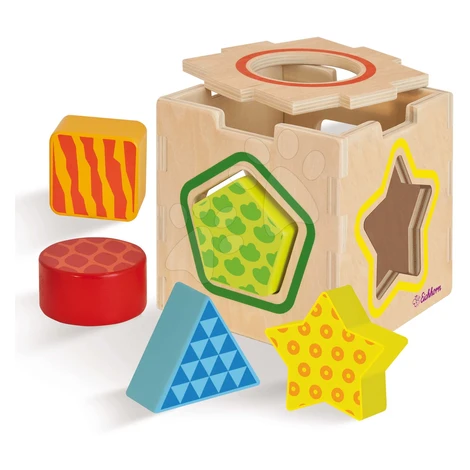 Drevená didaktická kocka Color Shape Sorting Box Eichhorn s 5 vkladacími tvarmi od 12 mes