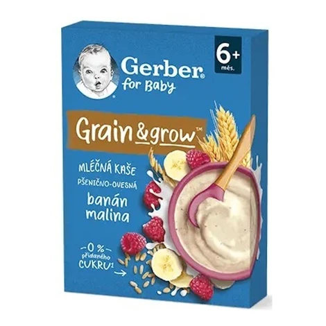 GERBER Mliečna kaša pšenično - ovsená malina banán 200 g 6m+