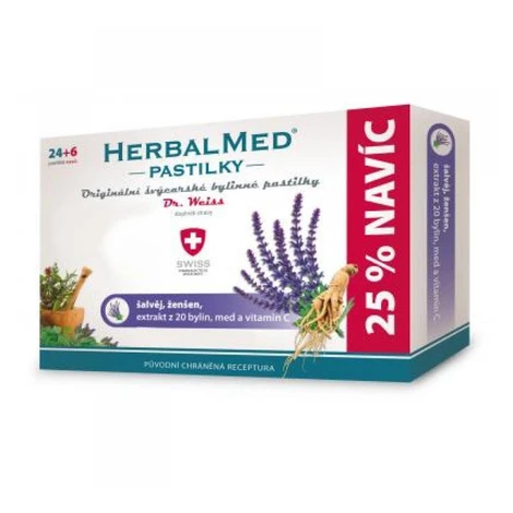 DR. WEISS Herbalmed šalvia, ženšeň 24 + 6 pastiliek ZDARMA