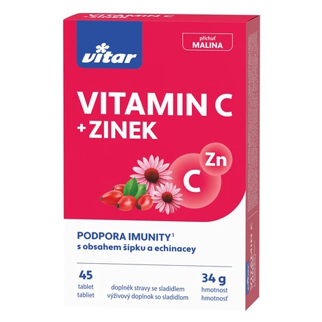 VITAR Vitamín C + zinok + echinacea + šípky s príchuťou maliny 30+15 tabliet Vitar Veteriane