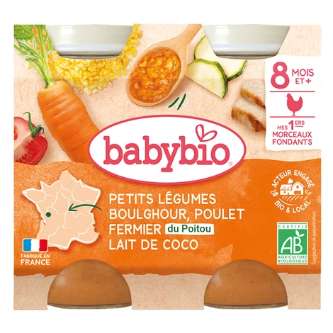 BABYBIO Zelenina s bulgurom, kuraťom a kokosovým mliekom BIO 2 x 200 g