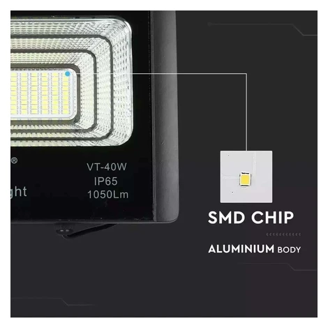 Reflektor LED solárny 16W, 4000K, 1050lm, komplet sada s panelom, čierny VT-40W (V-TAC)