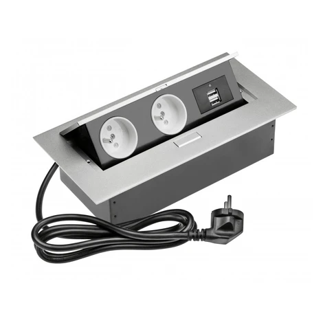 Nábytková zásuvka výklopná 2x230V + 2xUSB-A hliník, kábel (GTV)
