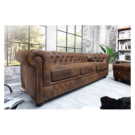 Estila Luxusná vintage hnedá sedačka Antik s chesterfield prešívaním z kože s nitmi s čiernymi n