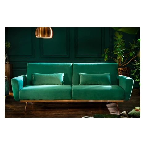 Estila Retro rozkladacia sedačka Balea II v zelenom zamatovom poťahu s medenými nohami 208cm