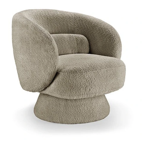 Estila Art deco otočné kreslo Elian potiahnuté taupe sivou bouclé látkou so zaobleným operadlom 