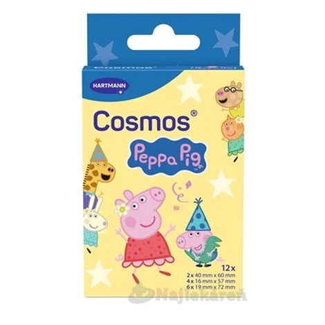 Cosmos Peppa Pig vodeodolná detská náplasť na rany, 3 veľkosti 12ks