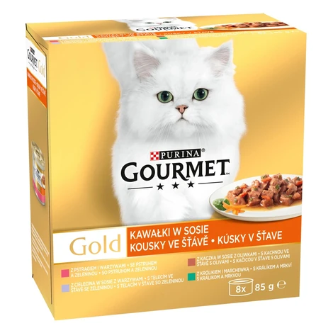Gourmet Gold Konzervy pre mačky pstruh, teľacie, kačica, králik 8 x 85 g