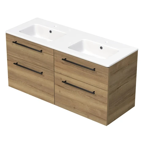 INTEDOOR Kúpeľ.skriňa+dvojumývadlo BEE úchyt čierny, 4zás., š.121cm, dub Halifax