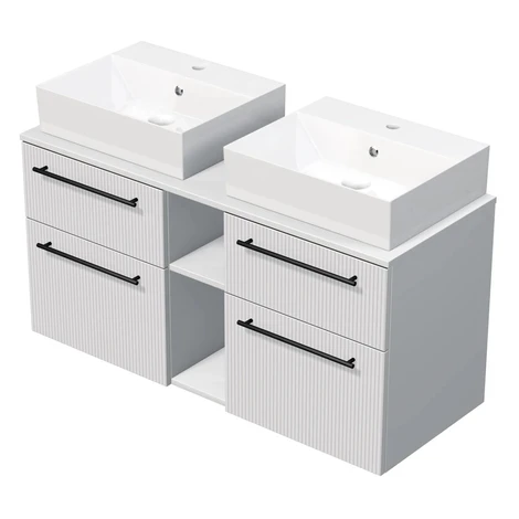 INTEDOOR Skriňa+2umývadlá BEE, úchyt čierny, š.120cm, regál stred, biela 3Dpruhy