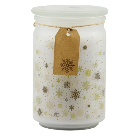 Emocio Vonná sviečka v skle Magic Snowing 93×142 mm so skleneným viečkom – bielo-zlatá