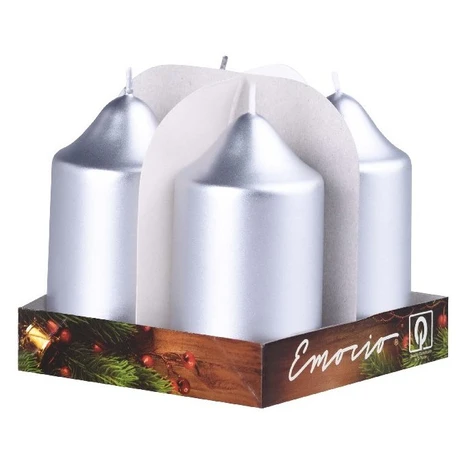 Emocio adventný valec 4ks 50x90 Metal strieborné sviečky